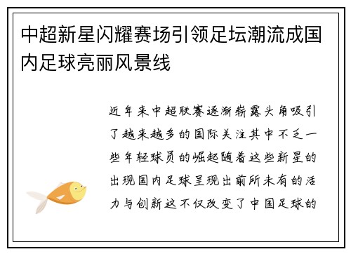 中超新星闪耀赛场引领足坛潮流成国内足球亮丽风景线