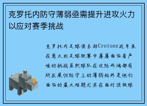 克罗托内防守薄弱亟需提升进攻火力以应对赛季挑战
