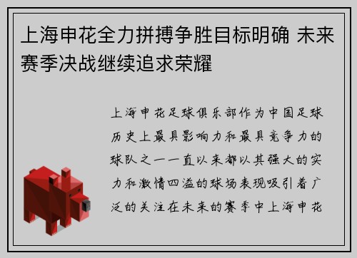 上海申花全力拼搏争胜目标明确 未来赛季决战继续追求荣耀