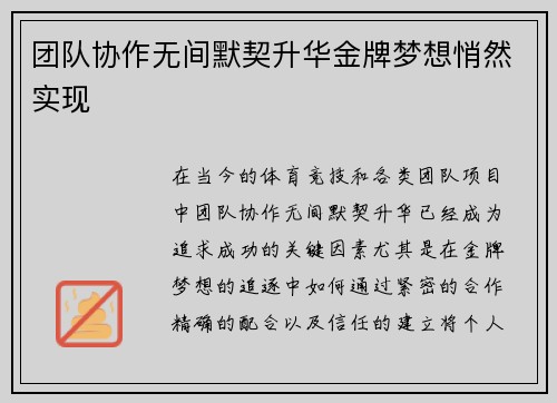 团队协作无间默契升华金牌梦想悄然实现