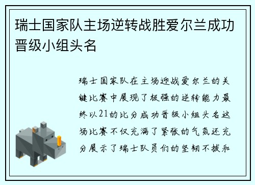 瑞士国家队主场逆转战胜爱尔兰成功晋级小组头名