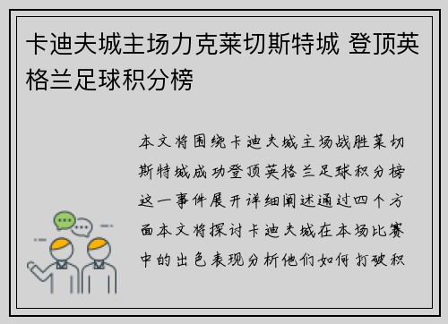 卡迪夫城主场力克莱切斯特城 登顶英格兰足球积分榜