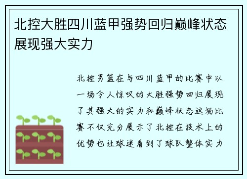 北控大胜四川蓝甲强势回归巅峰状态展现强大实力